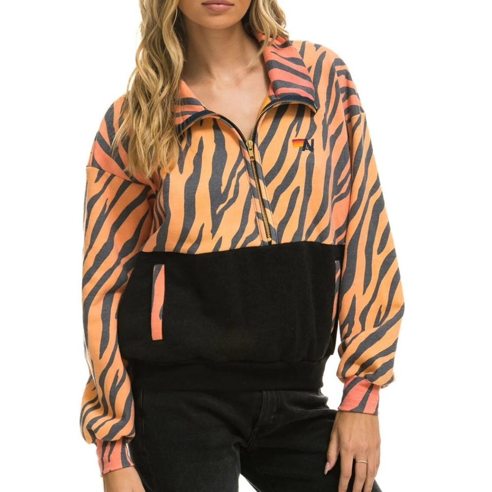FLEECE HALF ZIP COLOR BLOCK JACKET Tiger print